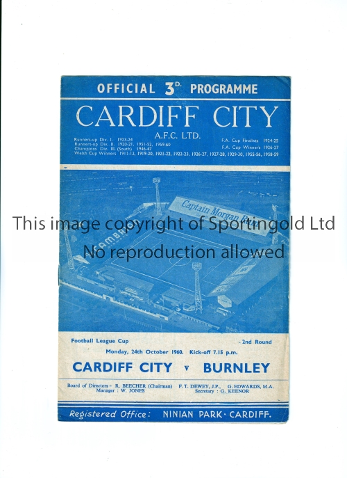 1960-61 FOOTBALL LEAGUE CUP / FIRST SEASON Programme for Cardiff City v Burnley 24/10/1960. Good