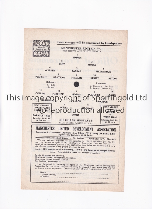 MANCHESTER UNITED Single sheet programme for the home "A" Team Lancashire League match v Rochdale