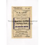 BATH CITY V COLCHESTER UNITED 1948 Programme for the Southern League match at bath 13/3/1948, very