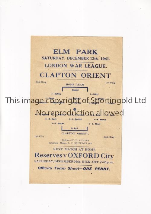 READING V CLAPTON ORIENT 1941 Single sheet programme for the London War League match at Reading 13/