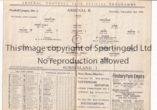 ARSENAL Programme for the home League match v Sunderland 3/9/1932, slightly folded in four, team
