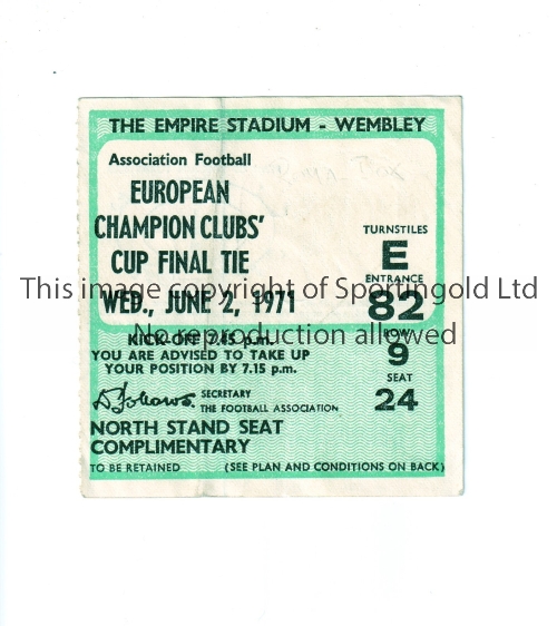 1971 EUROPEAN CUP FINAL / AJAX V PANATHINAIKOS Ticket for the match at Wembley 2/6/1971, slight