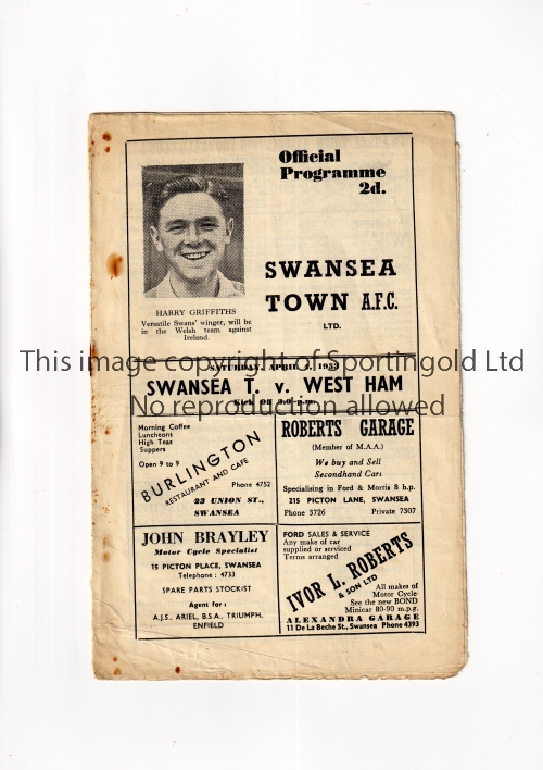 SWANSEA TOWN V WEST HAM UNITED 1953 Programme for the League match at Swansea 4/4/1953, slightly