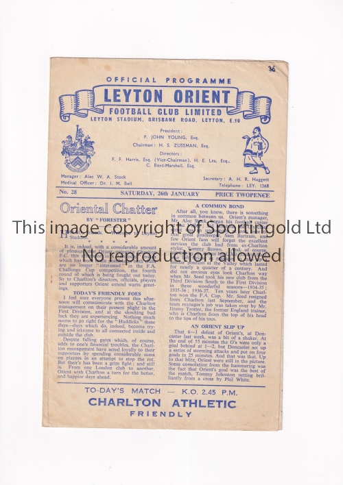 LEYTON ORIENT V CHARLTON ATHLETIC 1957 Programme for the Friendly League match at Leyton 26/1/
