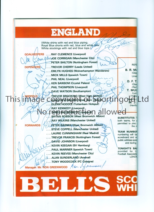 ENGLAND FOOTBALL AUTOGRAPHS 1980 Programme for England v Argentina 13/5/1980 signed by 15 England