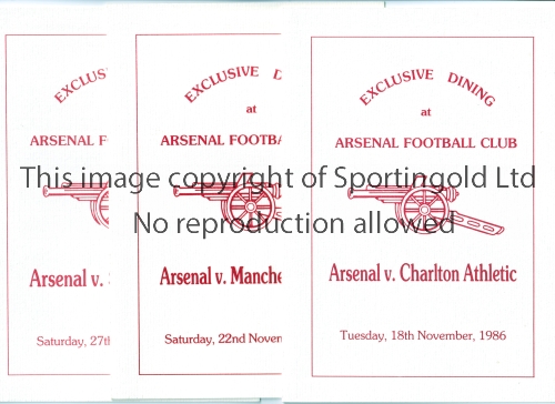 ARSENAL Three Exclusive Dining menus for the 1986/7 season v Charlton Athletic 18/11/86,