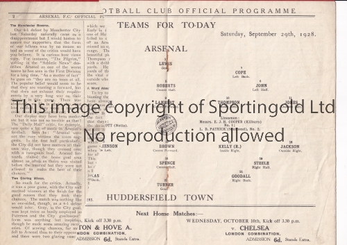 ARSENAL Programme for the home League match v Huddersfield Town 29/9/1928, horizontal creases,