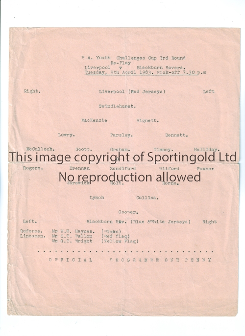 LIVERPOOL V BLACKBURN ROVERS 1963 FA YOUTH CUP Single sheet programme for the tie at Liverpool 9/4/