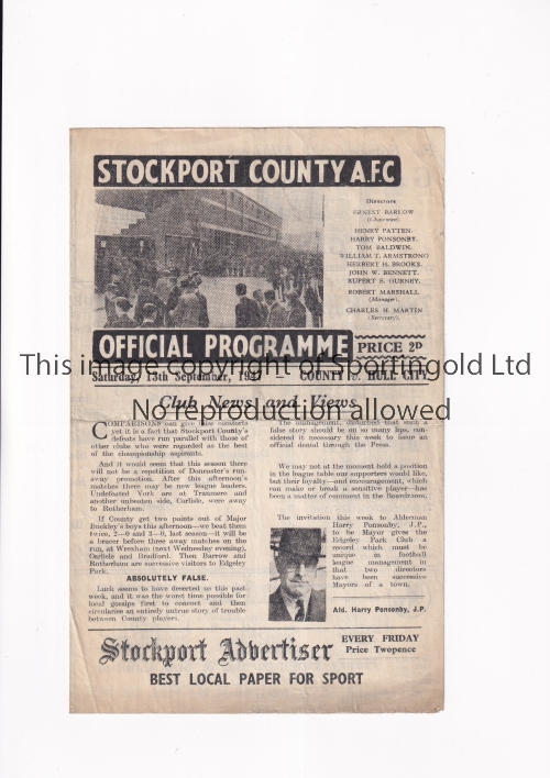 STOCKPORT COUNTY V HULL CITY 1947 Programme for the League match at Stockport 13/9/1947, creased,