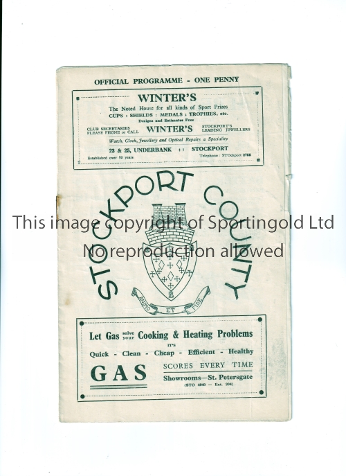 STOCKPORT COUNTY V HALIFAX TOWN 1939 Programme for the League match at Stockport 6/5/1939, minor
