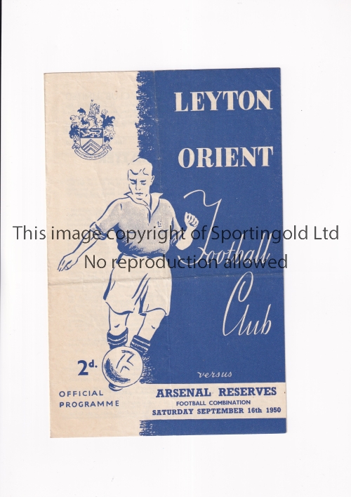 ARSENAL Programme for the away Combination match v Leyton Orient 16/9/1950, creased. Generally good