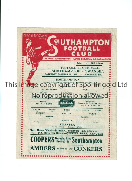 SOUTHAMPTON V SWANSEA TOWN 1946 Programme for the FL South match at Southampton 19/1/1946,