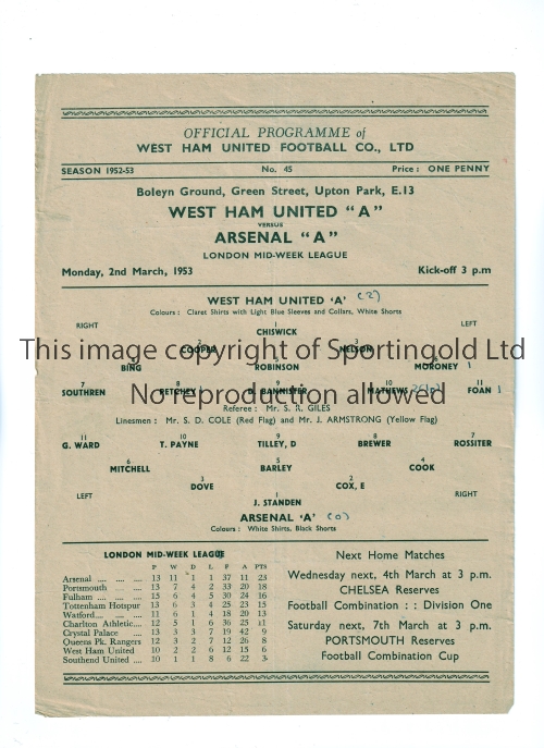 ARSENAL Single sheet programme for the away London Mid-Week League match v West Ham United 2/3/1953,