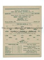 ARSENAL Single sheet programme for the away London Mid-Week League match v West Ham United 2/3/1953,