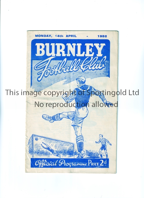 MANCHESTER UNITED Programme for the away Central League match v Burnley 14/4/1952, slightly creased.