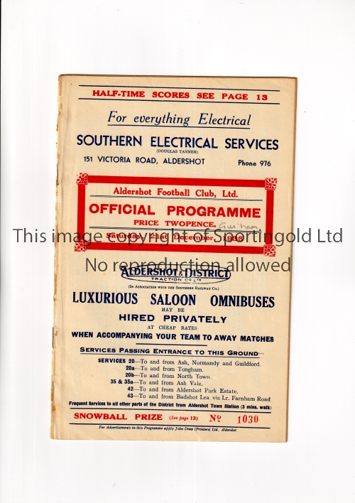 ALDERSHOT V GILLINGHAM 1935 Programme for the League match at Aldershot 21/12/1935, ex-binder, re-