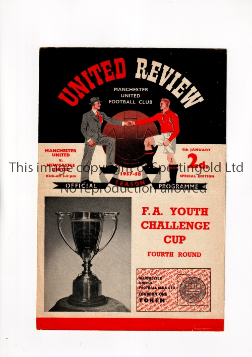 MANCHESTER UNITED Programme for the home FA Youth Cup tie v Newcastle United 4/1/1958, very slightly