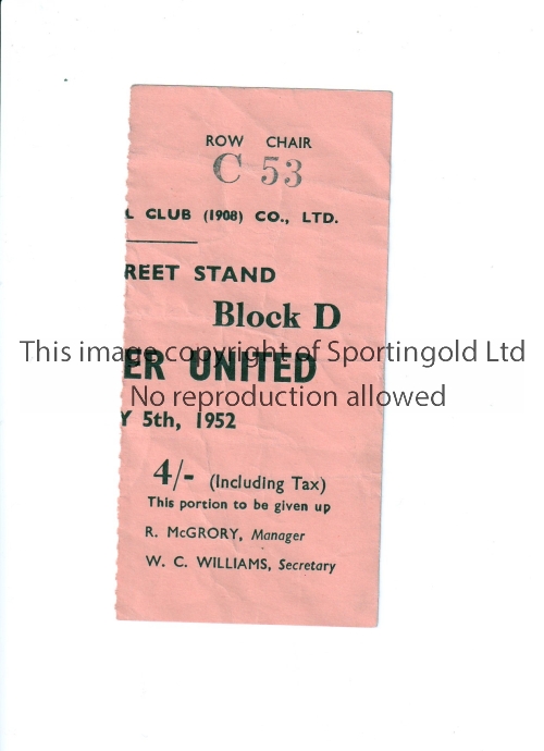 MANCHESTER UNITED Ticket for the away League match v Stoke City 5/1/1952, slightly creased.