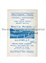 FA CUP NEUTRAL AT CARDIFF CITY F.C. 1950 Programme for the 2nd Replay, Bristol Rovers v Llanelly 4/