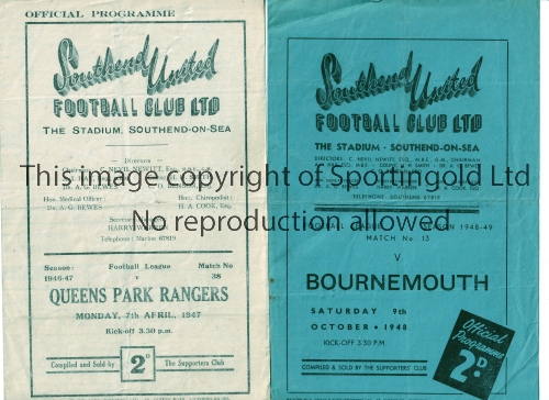 SOUTHEND UNITED Two home programmes for the League matches v Bournemouth 9/10/48 and v QPR 7/4/47,