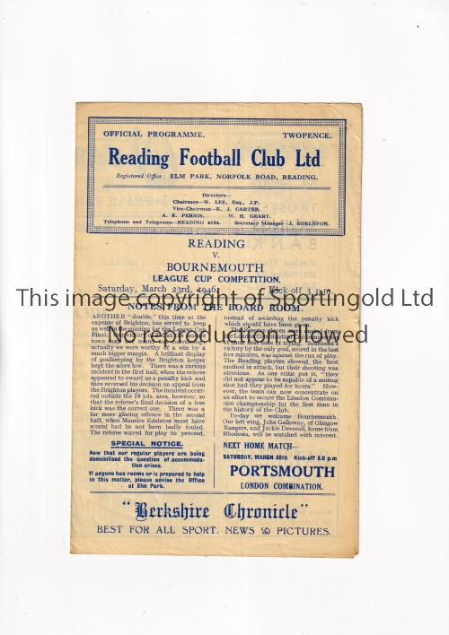 READING V BOURNEMOUTH 1946 Programme for the League Cup tie at Reading 23/3/1946. Generally good