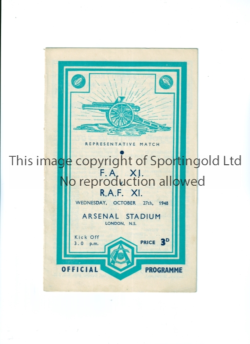 NEUTRAL AT ARSENAL F.C. Programme for FA XI v RAF XI 27/10/1948 at Highbury, staple removed.