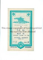 NEUTRAL AT ARSENAL F.C. Programme for FA XI v RAF XI 27/10/1948 at Highbury, staple removed.