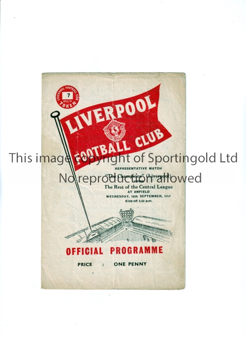 LIVERPOOL Programme for the home Friendly, Liverpool (The Champions) v Rest of Central League 18/9/