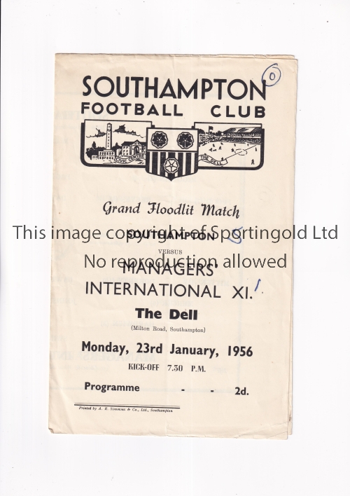 SOUTHAMPTON V MANAGERS' INTERNATIONAL XI 1956 Programme for the Grand Floodlit match at