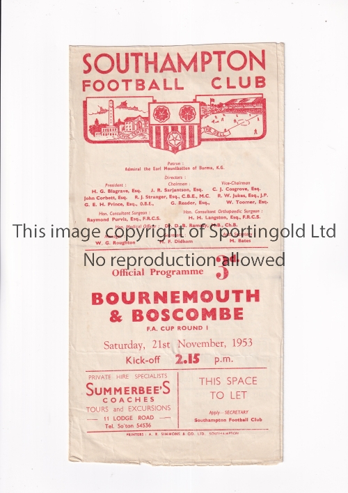 SOUTHAMPTON V BOURNEMOUTH AND BOSCOMBE 1953 FA CUP Programme for the FA Cup tie 1st round at