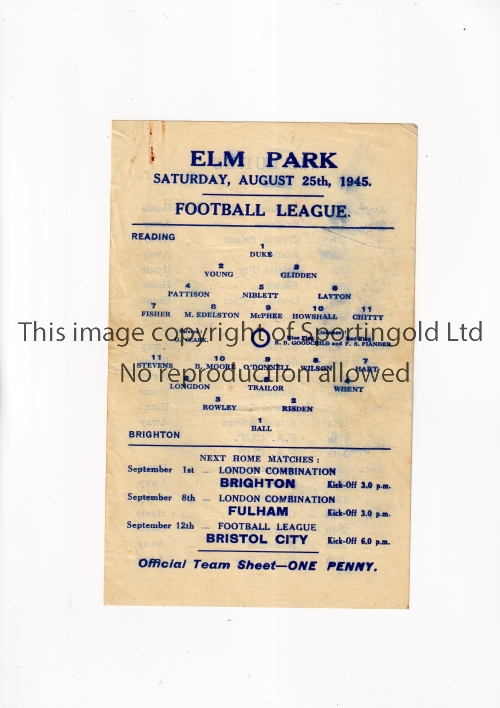 READING V BRIGHTON 1945 Single sheet programme for the League match at Reading 25/8/1945, horizontal