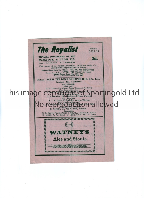 CHELSEA Programme for the away Metropolitan League match v Windsor and Eton 8/11/1958, vertical