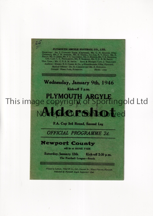 PLYMOUTH ARGYLE V ALDERSHOT 1946 FA CUP Programme for the tie at Plymouth 9/1/1946, horizontal