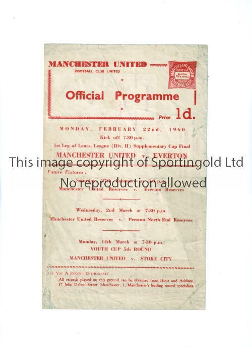 1960 LANCS. LEAGUE DIV. II SUPPLEMENTARY CUP FINAL / MANCHESTER UNITED V EVERTON Single sheet and