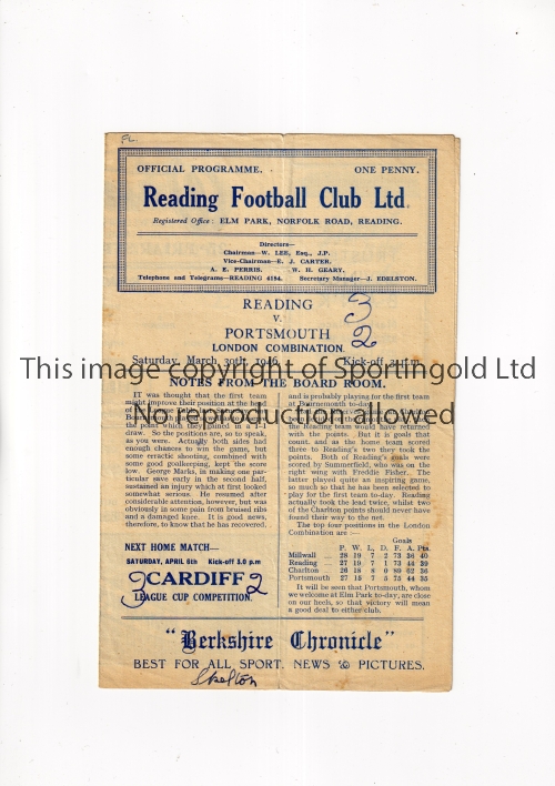 READING V PORTSMOUTH 1946 Programme for the London Combination match at Reading 30/3/1946,