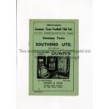 SWANSEA TOWN V SOUTHEND UNITED 1947 Programme for the League match at Swansea 18/9/1947, slight