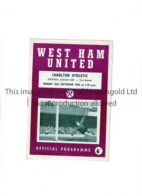 1960-61 FOOTBALL LEAGUE CUP / FIRST SEASON Programme for West Ham United v Charlton 26/9/1960.