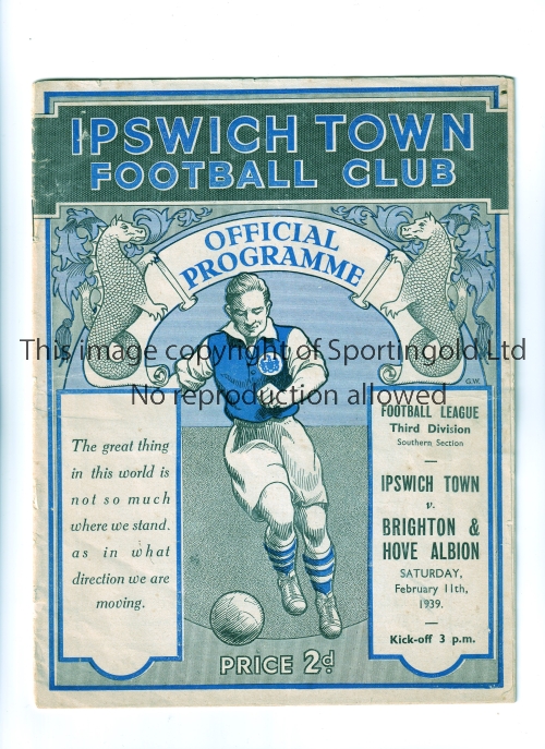 IPSWICH TOWN V BRIGHTON AND HOVE ALBION 1939 / IPSWICH FIRST LEAGUE SEASON Programme for the