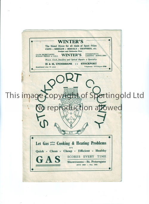 STOCKPORT COUNTY V CHESTER 1939 Programme for the League match at Stockport 14/1/1939, horizontal