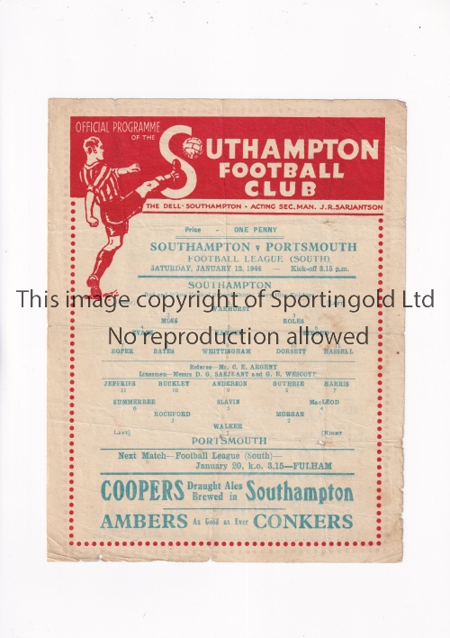 SOUTHAMPTON V PORTSMOUTH 1944 Single sheet programme for the FL South match at Southampton 13/1/