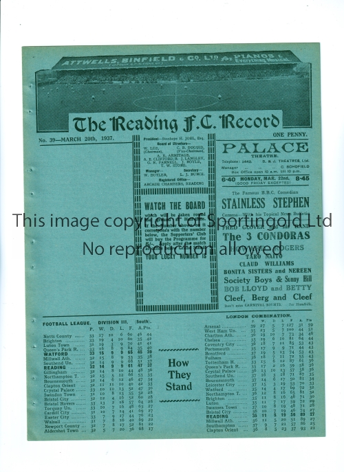 THE ARMY V THE R.A.F. 1937 AT READING F.C. Programme for the match 20/3/1937, ex-binder. Generally