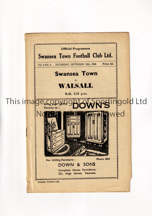 SWANSEA TOWN V WALSALL 1948 Programme for the League match at Swansea 18/9/1948, tears to edges