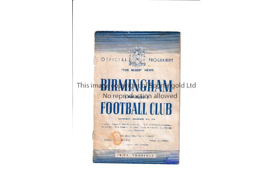 MANCHESTER UNITED Programme for the League match at Birmingham on 31/12/38, replacement paper at the