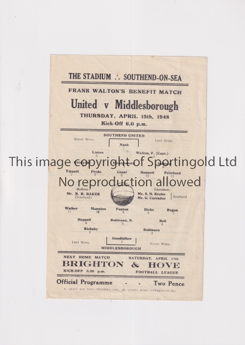 SOUTHEND UNITED V MIDDLESBROUGH 1948 Single sheet programme for the League match at Southend