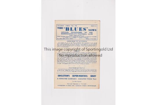 BIRMINGHAM CITY V ASTON VILLA 1945 Programme for the match at Birmingham 17/3/1945. Slightly