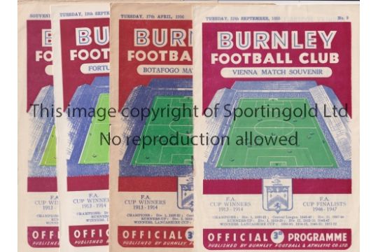 BURNLEY Five programmes for home Friendlies v Vienna 55/6, Botafogo 55/6, very slightly worn,