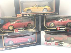 3 X Boxed Burago And 2 x Boxed Maisto Diecast Cars including Ferrari. Dodge Viper. Lamborghini.