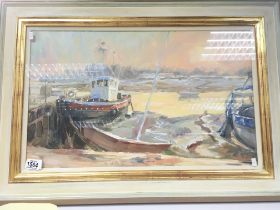 A British Modern oil painting study of moored Leig