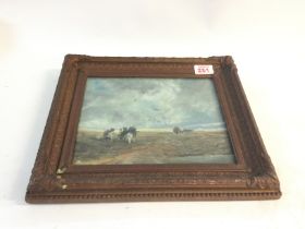 Watercolour painting in a patterned wooden frame.