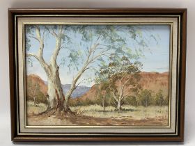 Jan Davies, oil on board painting titled Chambers Gorge, South Australia. 40cm x 30cm